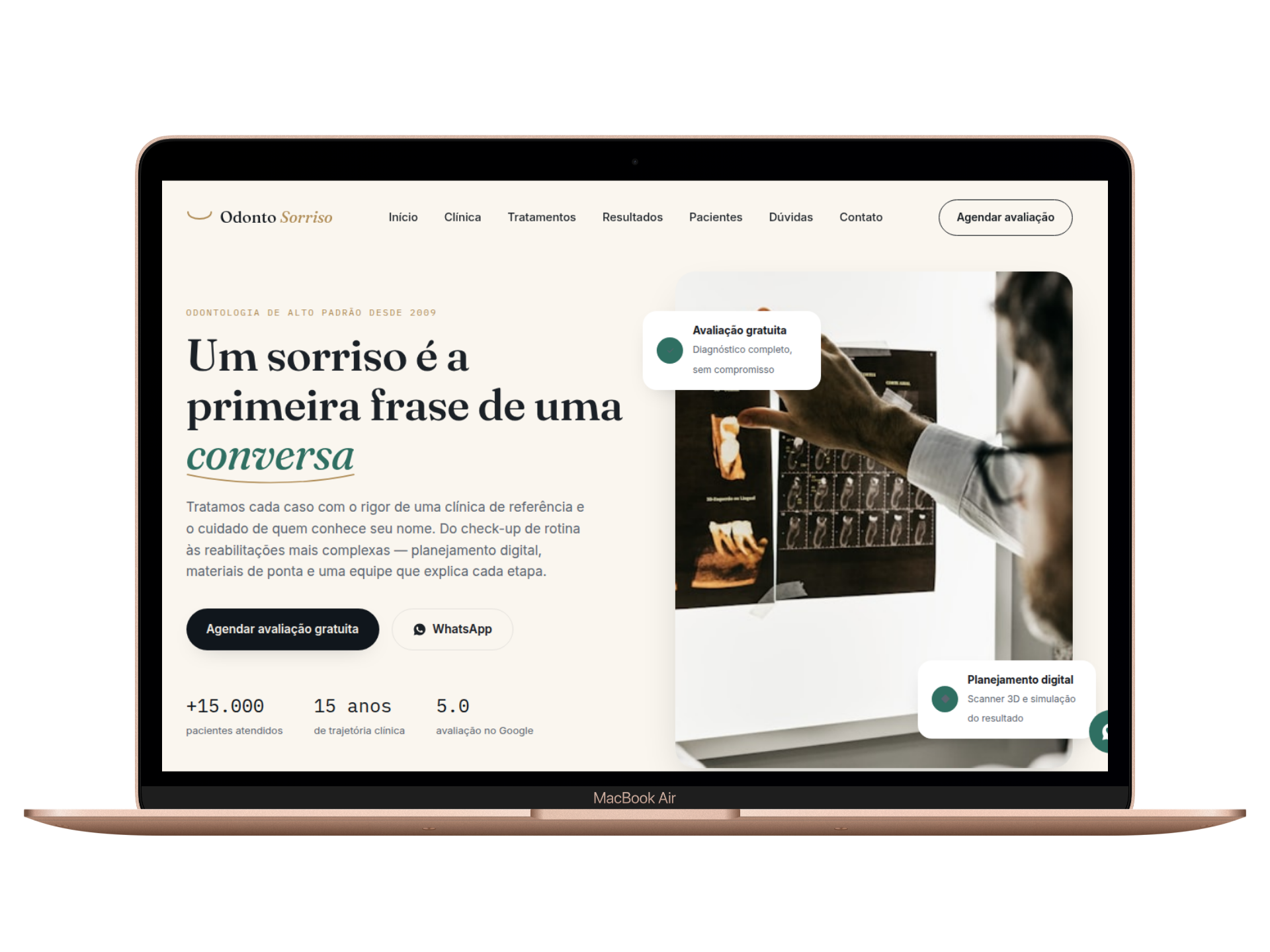 Landing page de uma clínica odontológica com serviços e agendamento pelo WhatsApp