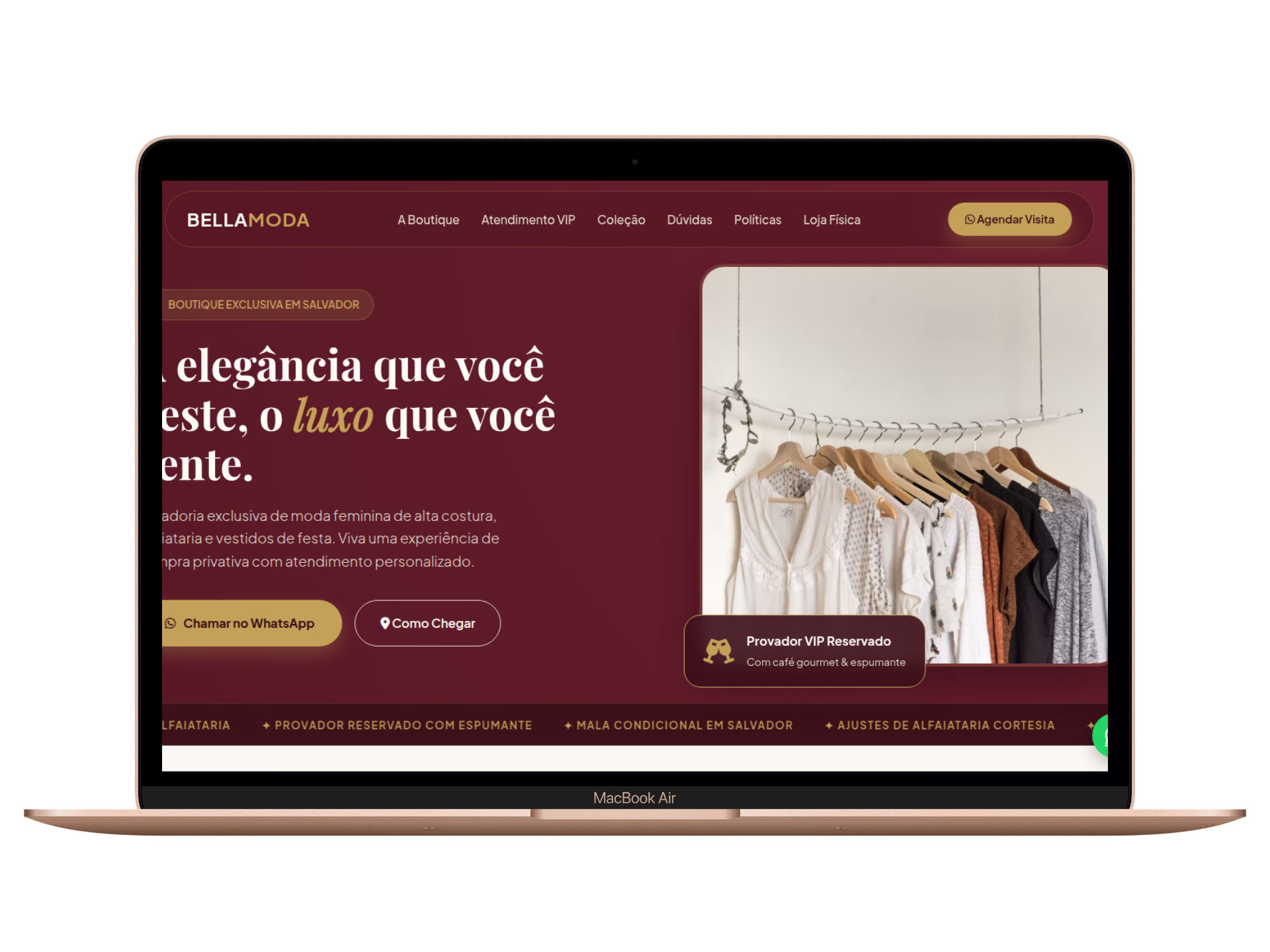 Landing page editorial de uma boutique de moda feminina com lookbook e categorias